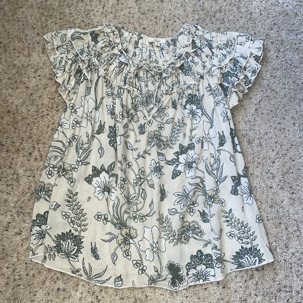 Women's ElanFloral Print Short Flutter Sleeve Blouse, V Neck With Tie Sz L NWoT
